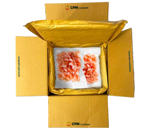 Opened cold shipping box with piece of shrimp inside and CPM logos on flaps