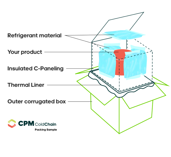 Illustration of CPM cold chain shipping unit with colorful ice packs and shipping box