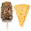 Isolated image of a nut covered popsicle and a large piece of yellow cheese