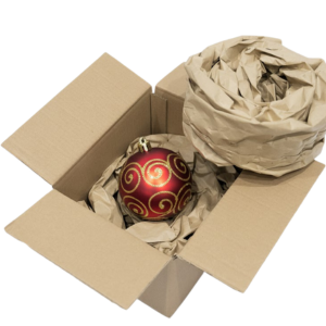 Securely packaged product with sustainable fiber void fill cushioning